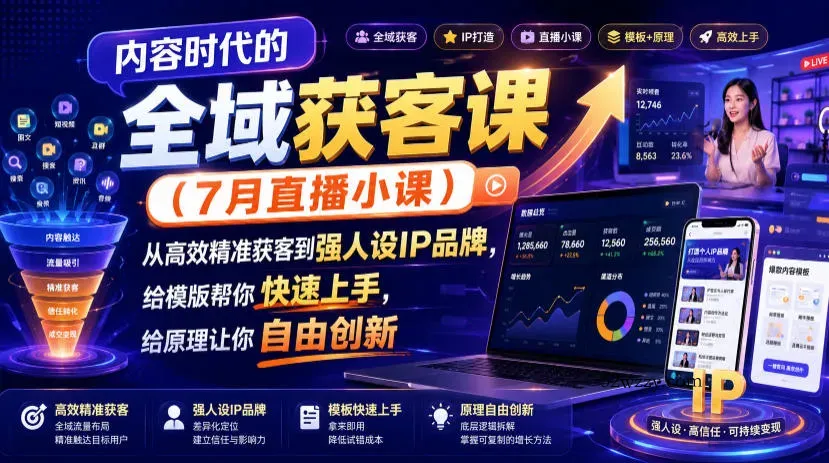 内容时代的全域获客课(7月直播小课)，从高效精准获客到强人设IP品牌，给模版帮你快速上手，给原理让你自由创新-微众资源