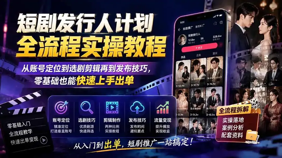 短剧发行人计划全流程实操教程；从账号定位到选剧剪辑再到发布技巧，零基础也能快速上手出单-微众资源