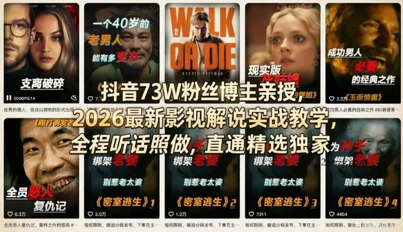 抖音73W粉丝博主亲授，2026最新影视解说实战教学，全程听话照做，直通精选独家-微众资源