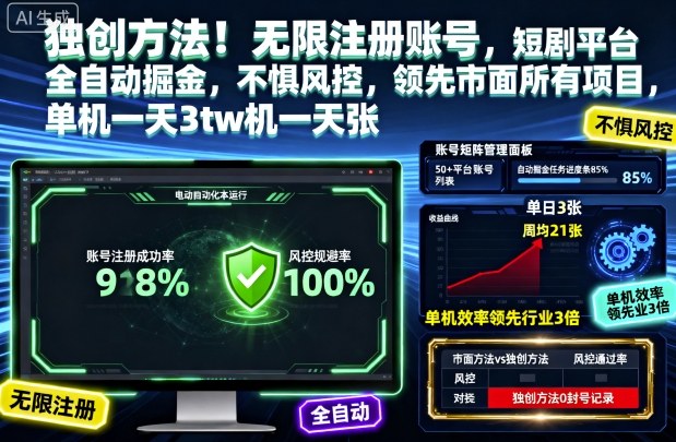 独创方法!无限注册账号,短剧平台全自动掘金,不惧风控,领先市面所有项目,单机一天3张【揭秘】-微众资源
