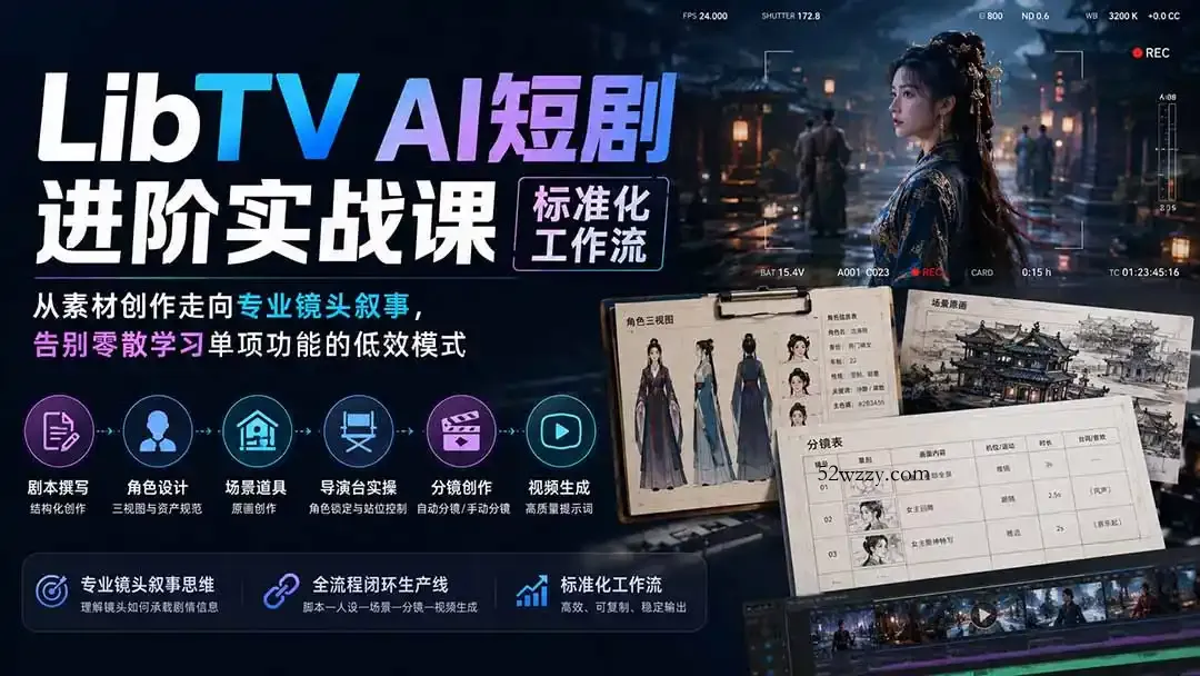 LibTV AI短剧进阶实操课标准化工作流；从素材创作走向专业镜头叙事，告别零散学习单项功能的低效模式-微众资源