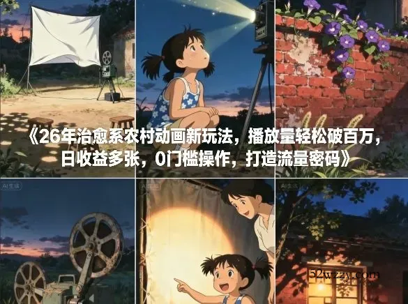 26年治愈系农村动画新玩法，播放量轻松破百万，日收益多张，0门槛操作，打造流量密码-微众资源
