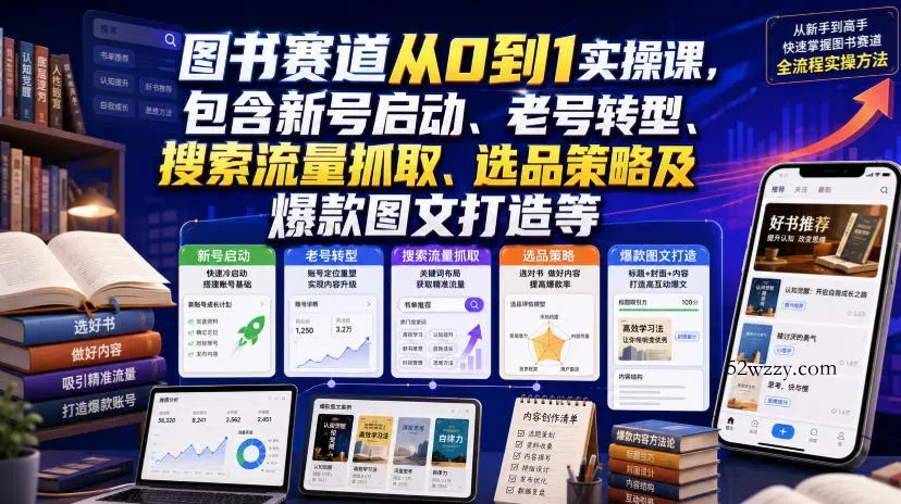 图书赛道从0到1实操课,包含新号启动、老号转型、搜索流量抓取、选品策略及爆款图文打造等
